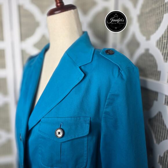 Talbots Teal Blue Cotton Blend Stretch Medium Weight Unlined Jacket Size 12 - Picture 2 of 9